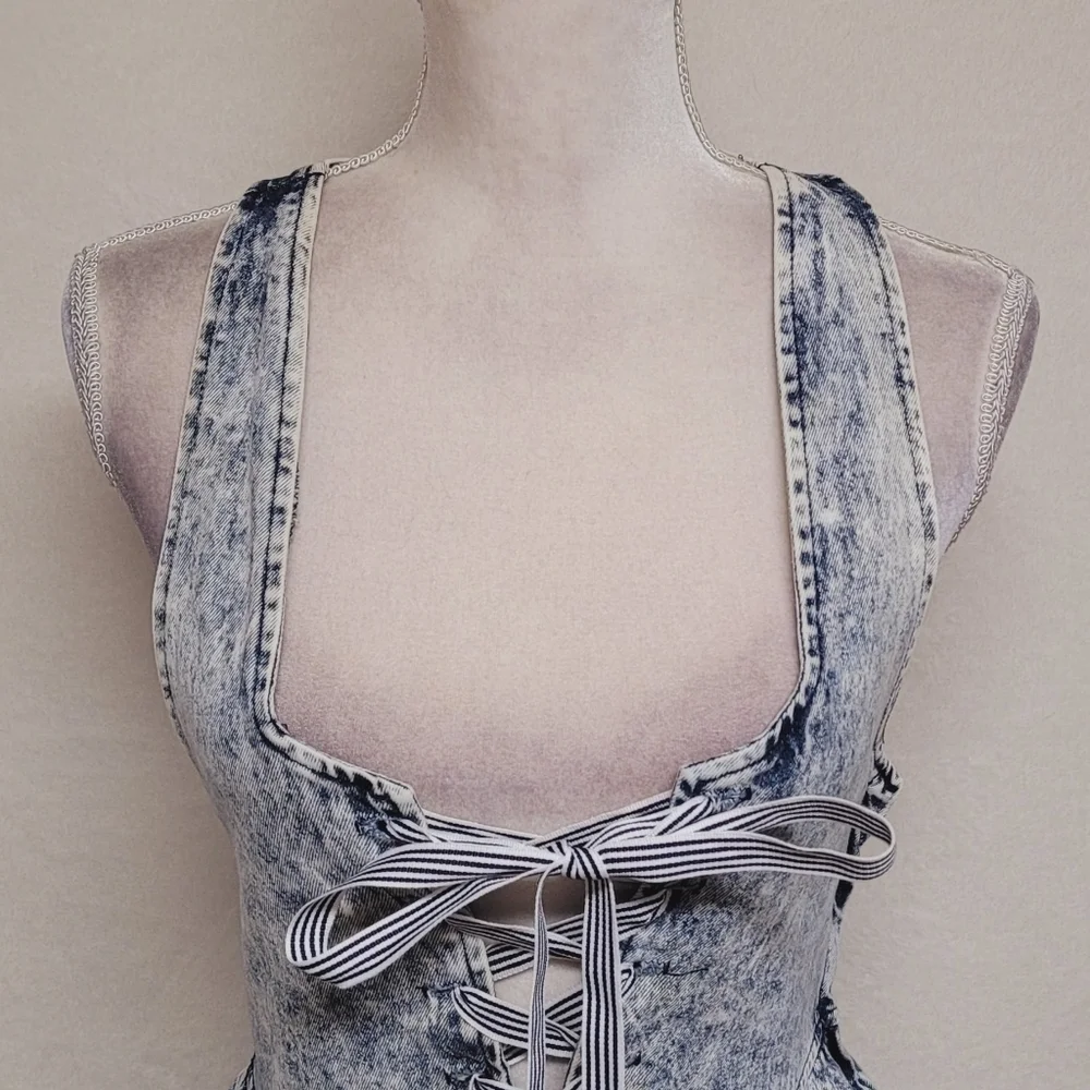 80s Vintage Amy Too Byer California Acid Wash Cotton Lace-up Mini Skater Dress S - Picture 5 of 16
